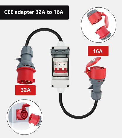 CEE Adapter 32A auf 16A Sicherungsautomat,IP44 400V Starkstrom Adapter 32A