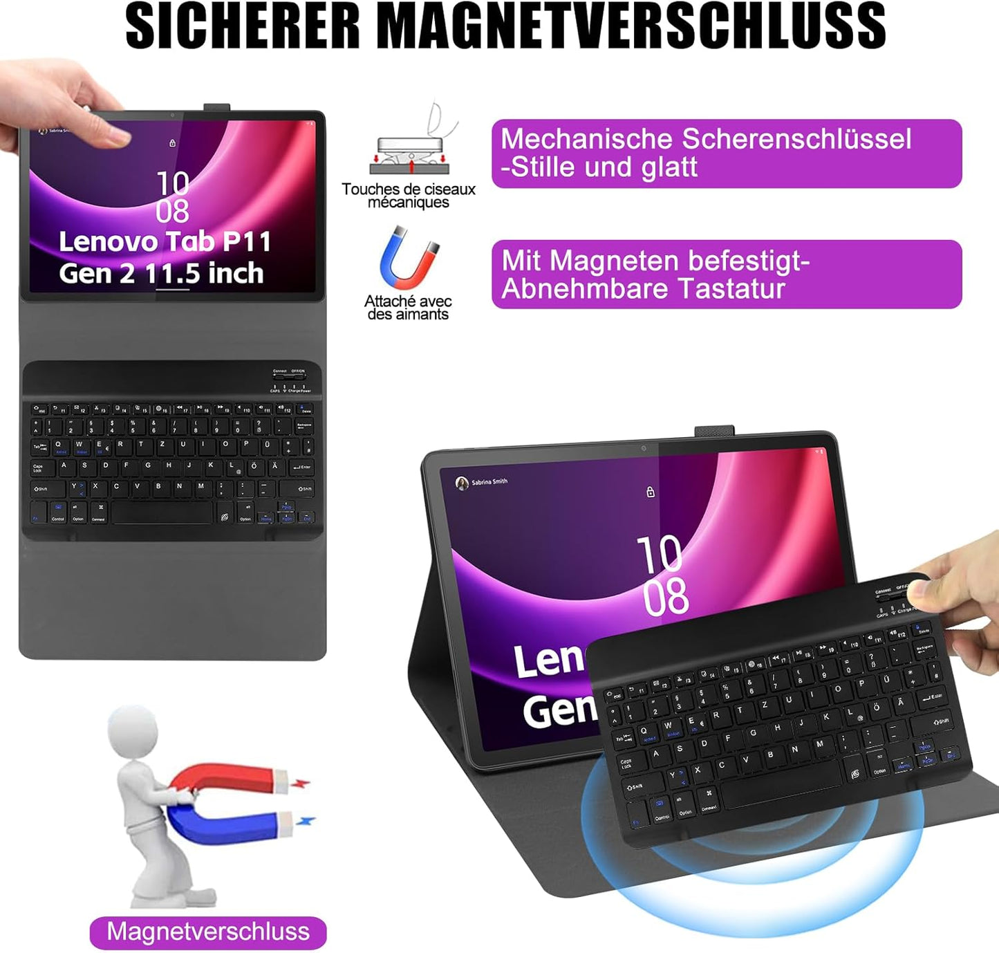 Zabatoco Hülle mit Tastatur 11,5 Zoll Bluetooth QWERTZ für Lenovo Tab P11 Schwarz