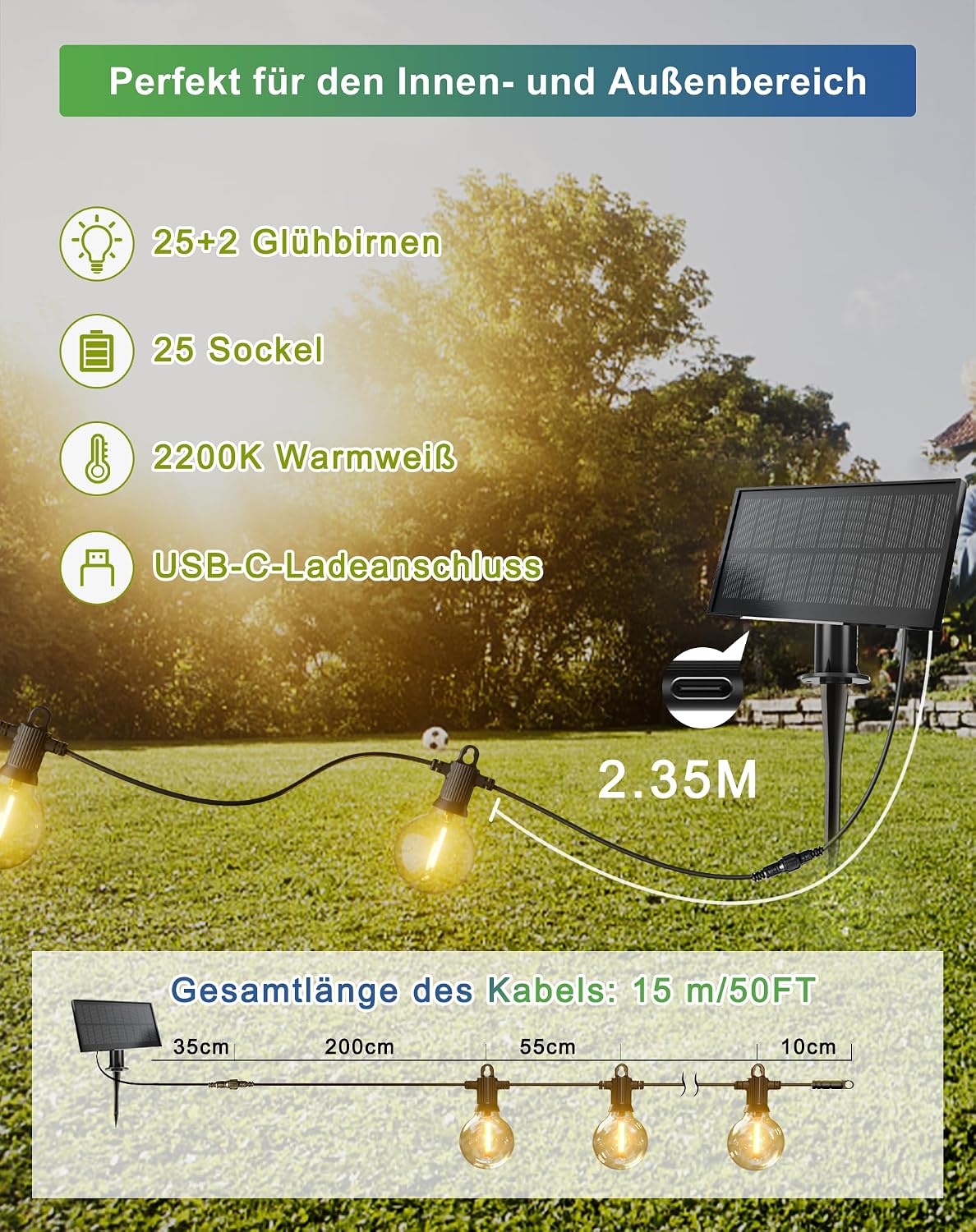 Zuske Solar Lichterkette Aussen, 15M Wasserdicht mit 25 G40 Glühbirnen