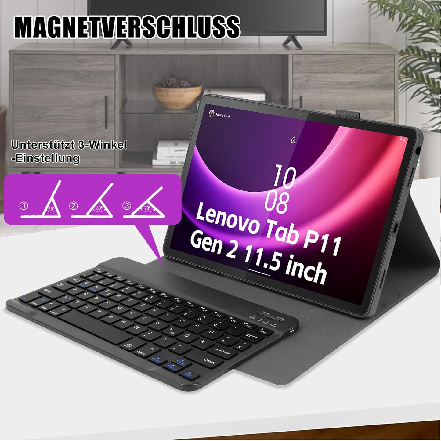 Zabatoco Hülle mit Tastatur 11,5 Zoll Bluetooth QWERTZ für Lenovo Tab P11 Schwarz