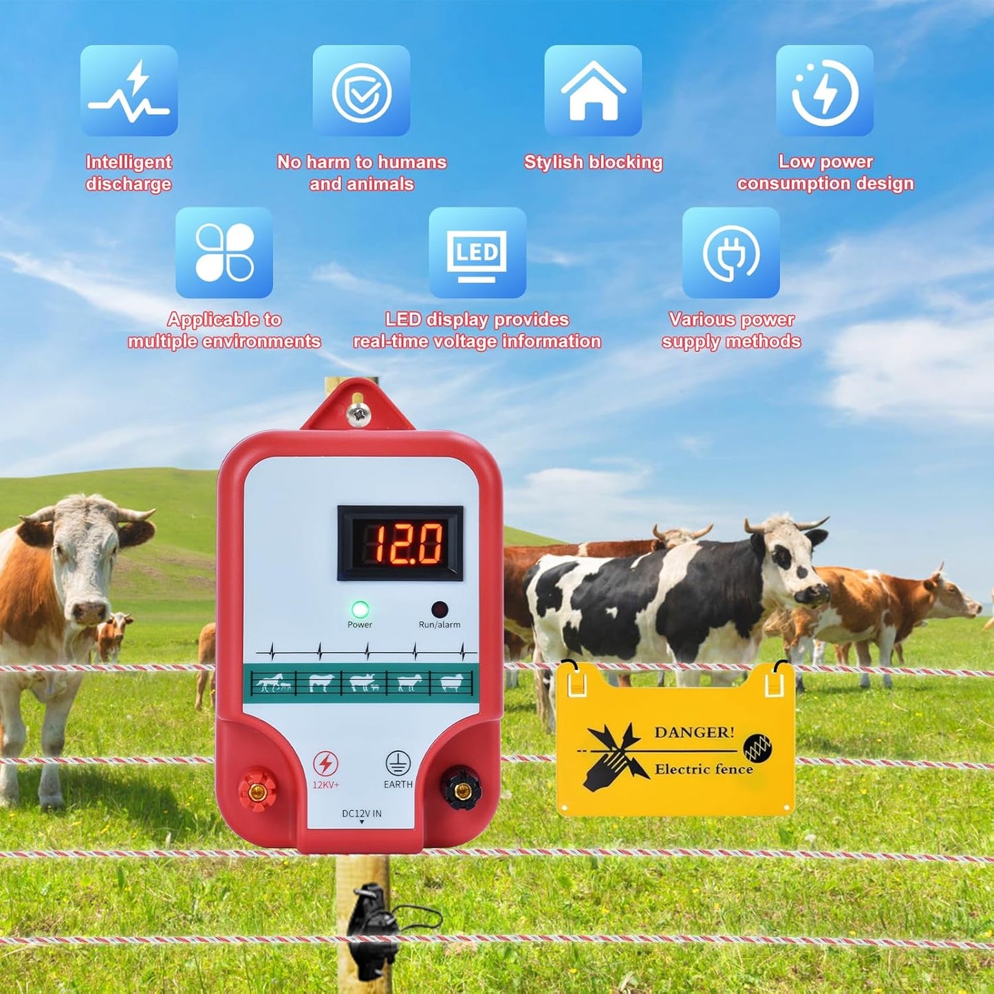 15 km elektrischer Zaun für Tiere, elektrischer Zaun für Tiere, elektrische Tierzucht, Kontrolle, Kuh, Schafe (rot)