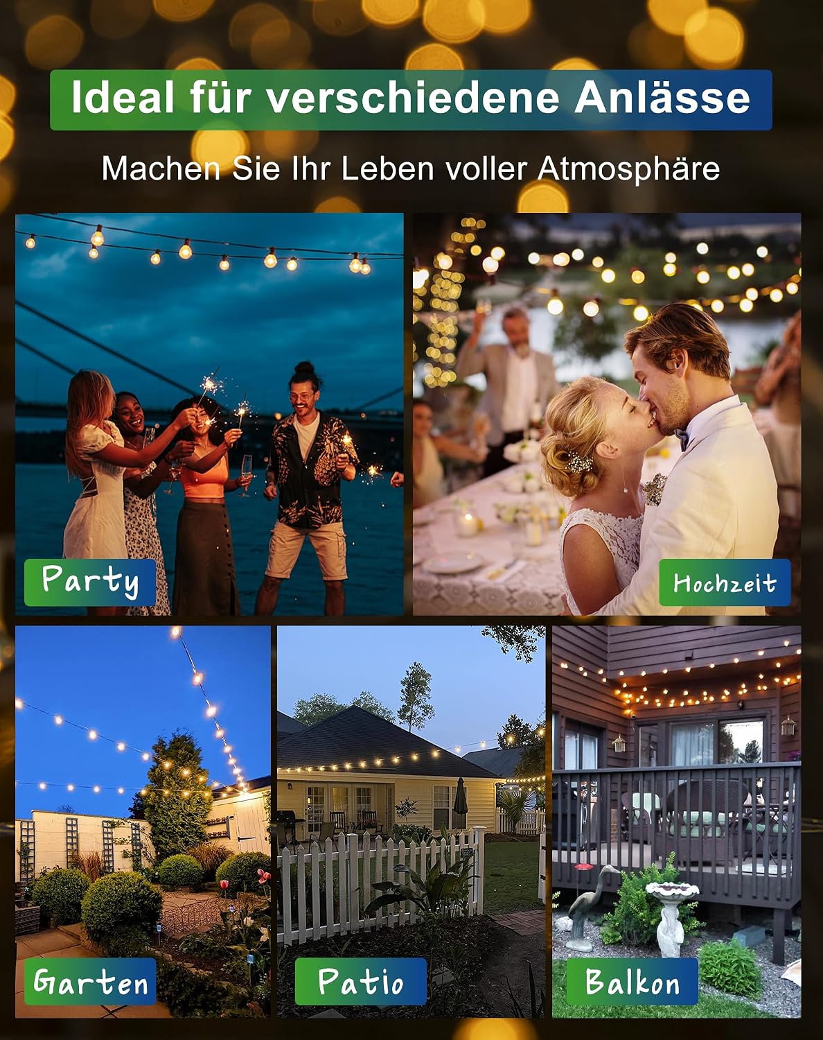 Zuske Solar Lichterkette Aussen, 15M Wasserdicht mit 25 G40 Glühbirnen