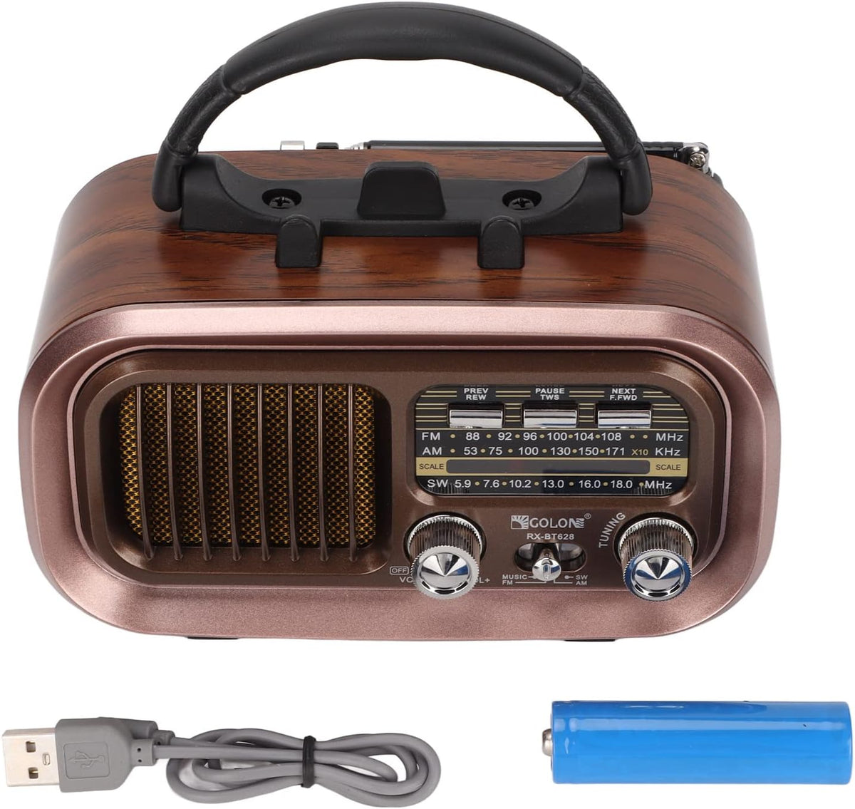 RXBT628 Tragbarer Vintage-Radiolautsprecher, FM AM SW 3 Bands mit externer Antenne