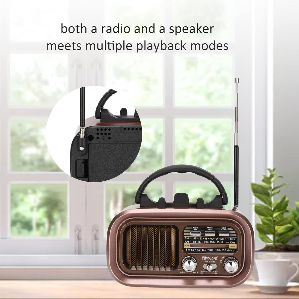 RXBT628 Tragbarer Vintage-Radiolautsprecher, FM AM SW 3 Bands mit externer Antenne