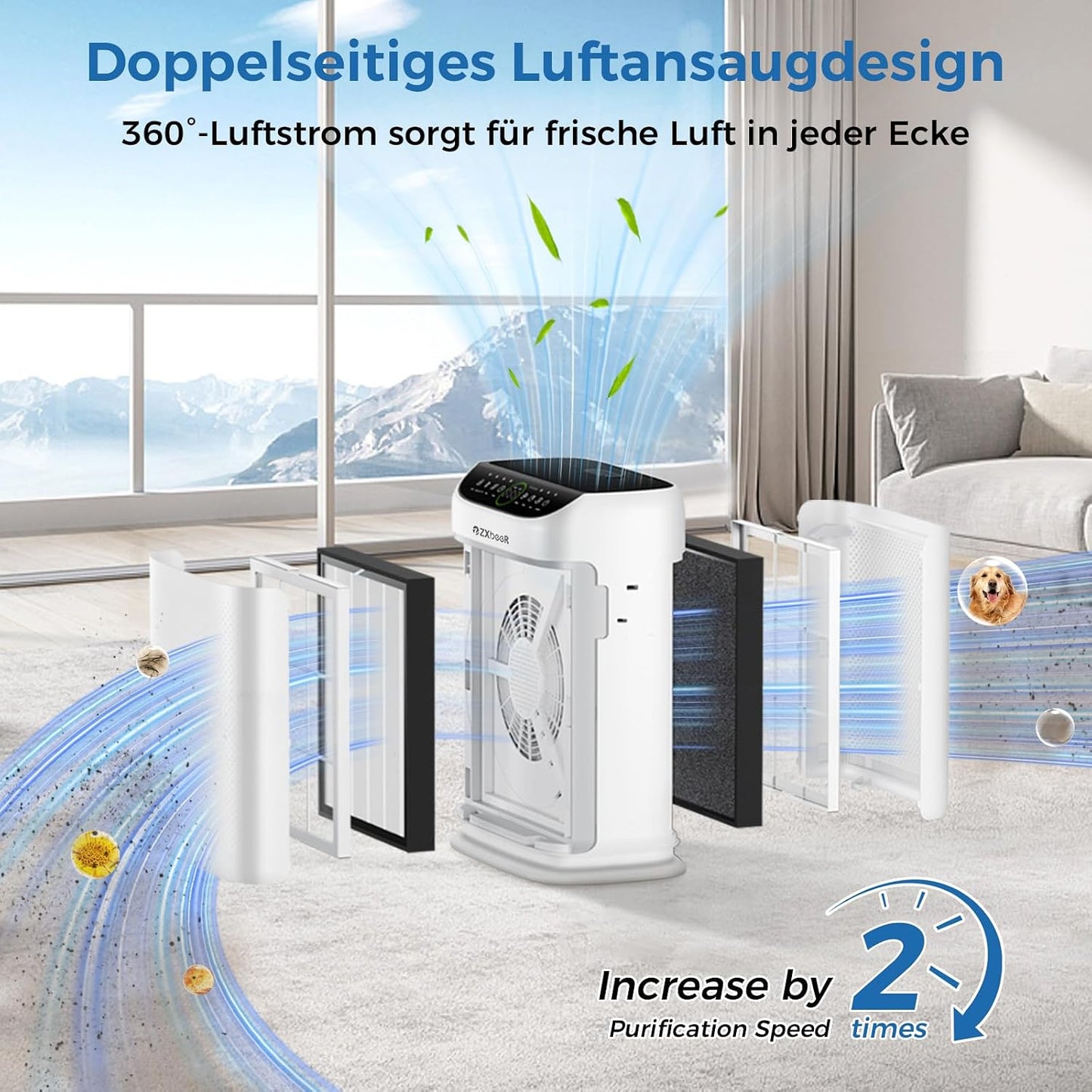 ZXBEER Luftreiniger Allergiker HEPA-Luftreiniger mit CADR 400m³/h(260m),20dB,Timer