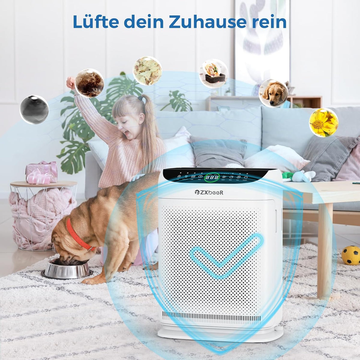 ZXBEER Luftreiniger Allergiker HEPA-Luftreiniger mit CADR 400m³/h(260m),20dB,Timer